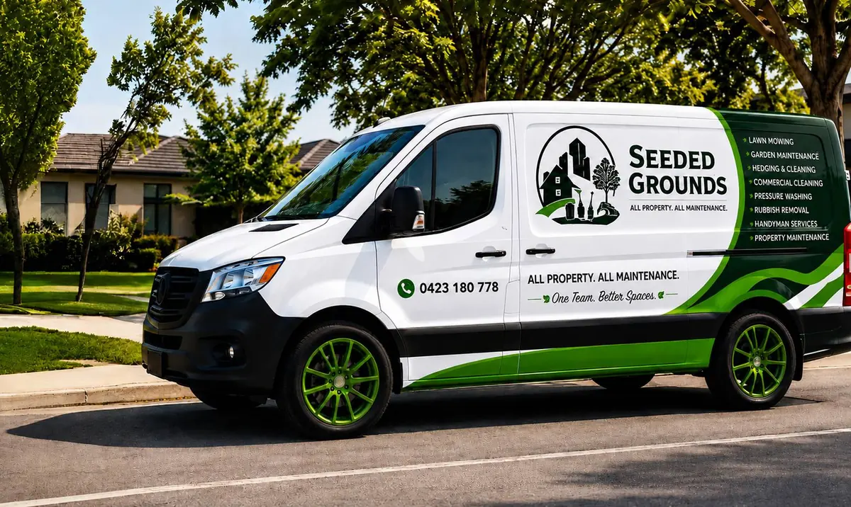 Seeded Grounds van on a Gold Coast street, listing lawn mowing, garden maintenance, hedging, cleaning, pressure washing and rubbish removal