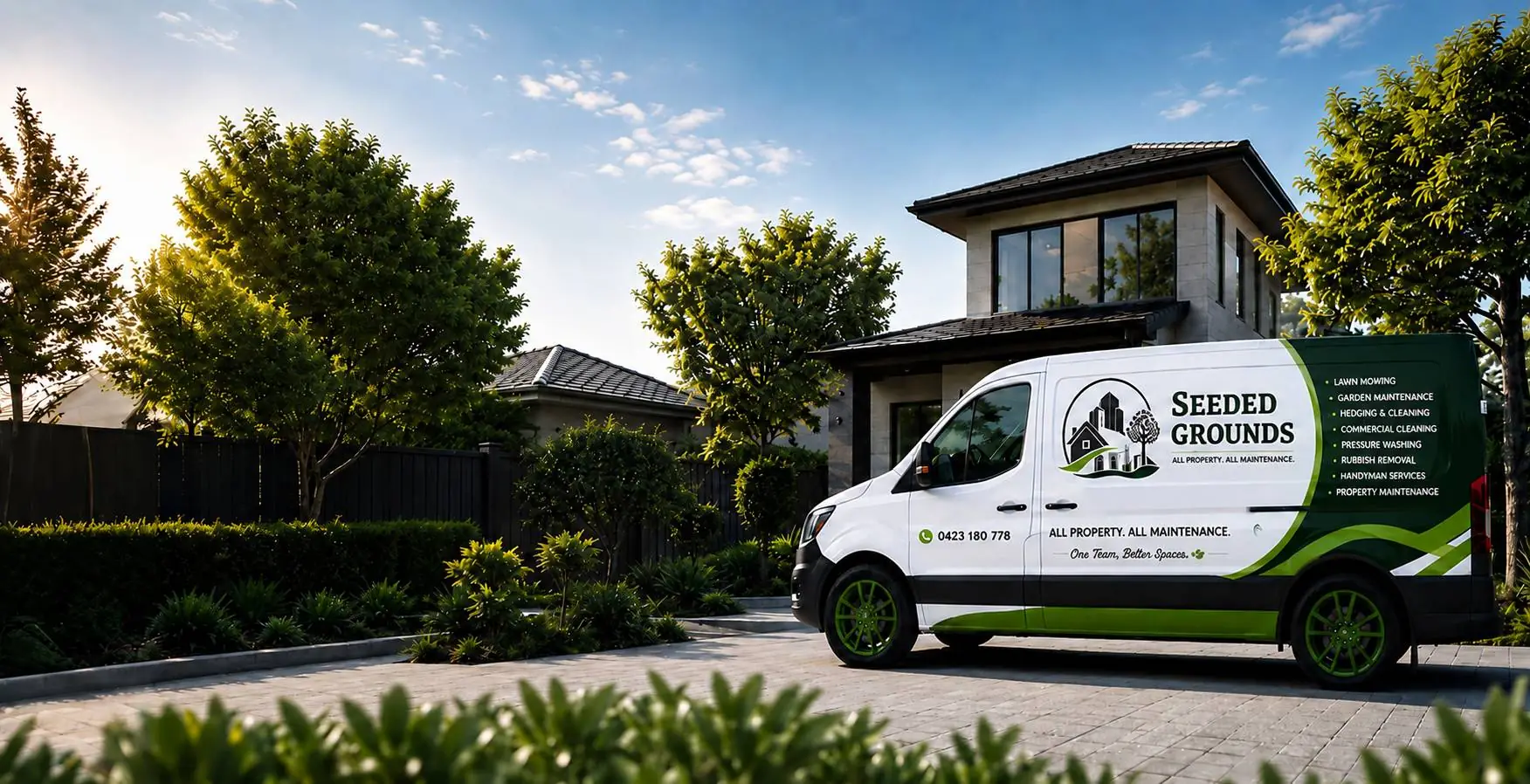 Branded Seeded Grounds service van parked outside a Gold Coast home with a freshly maintained lawn and garden